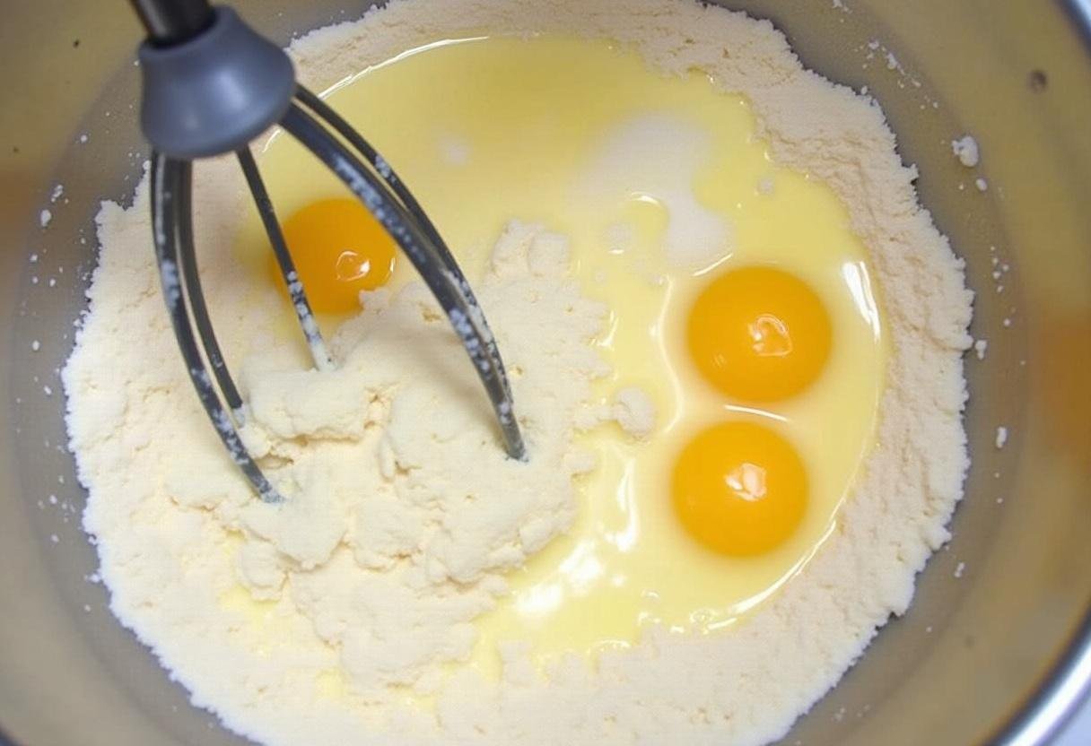 Preparing the batter for Bartlet's blueberry pancakes with eggs, milk, and flour mixed together.