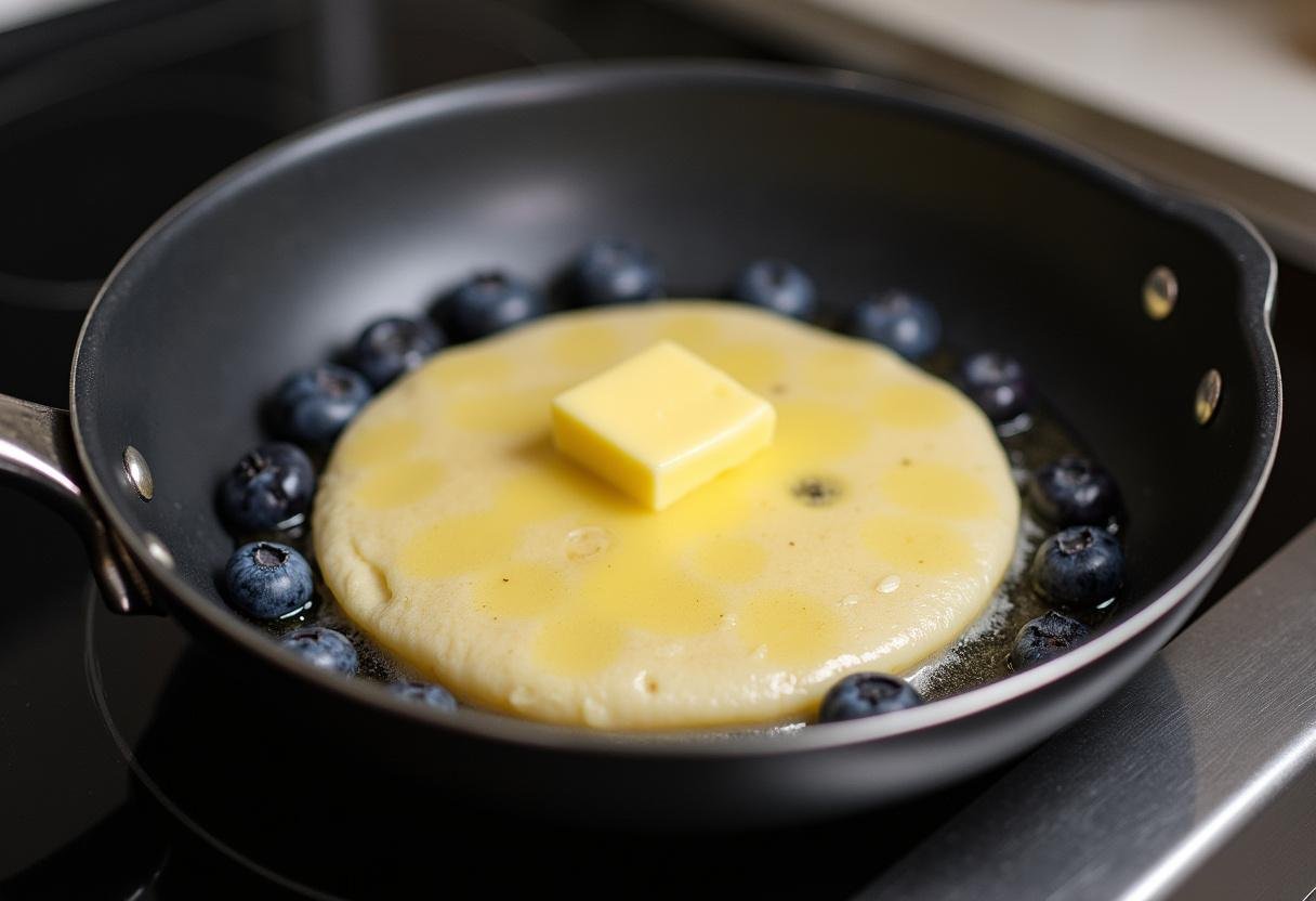 Melting butter in a skillet for cooking Bartlet's blueberry pancakes.