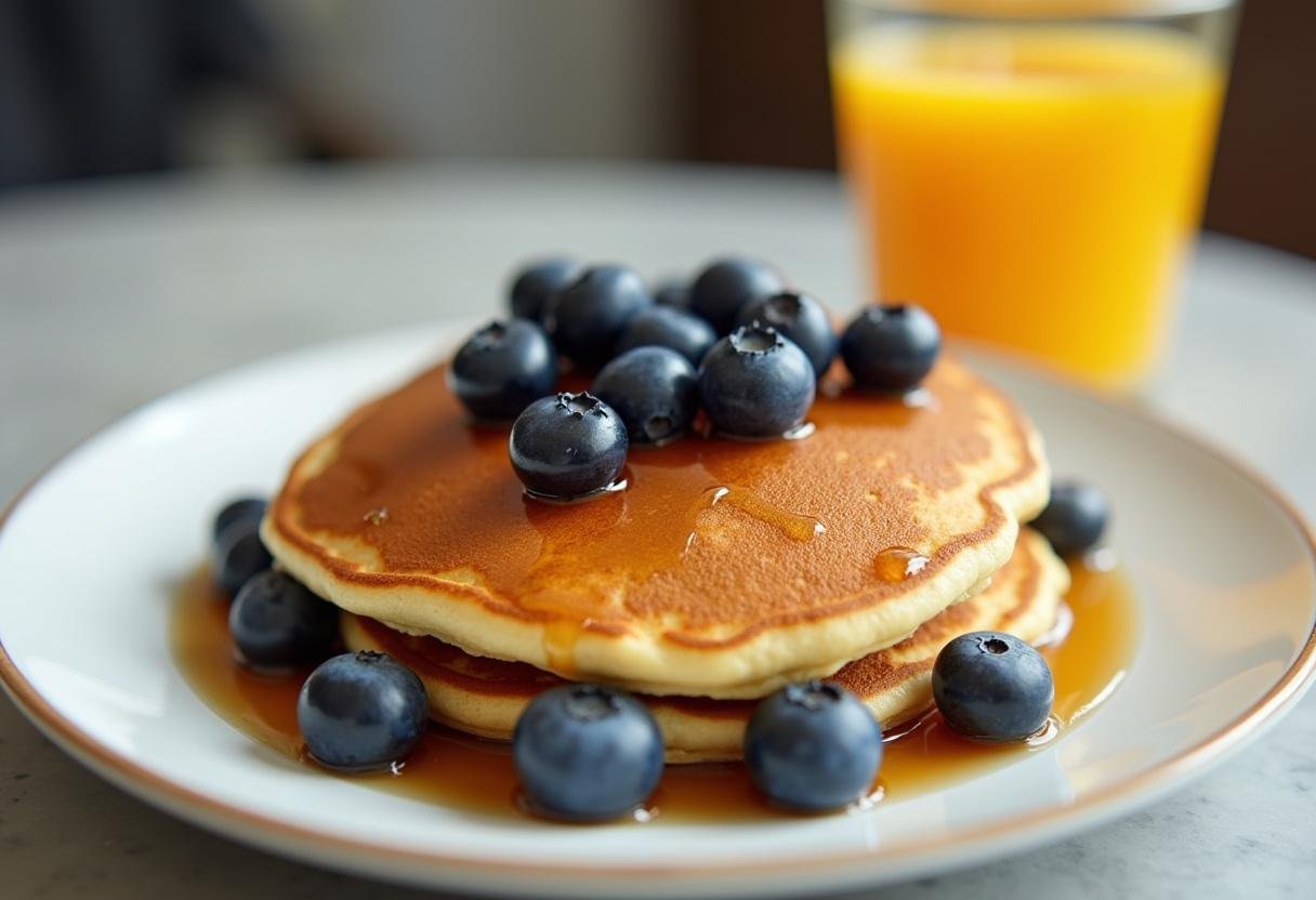 Pancakes topped with blueberries and syrup, showcasing the final stages of Bartlet's blueberry pancakes.