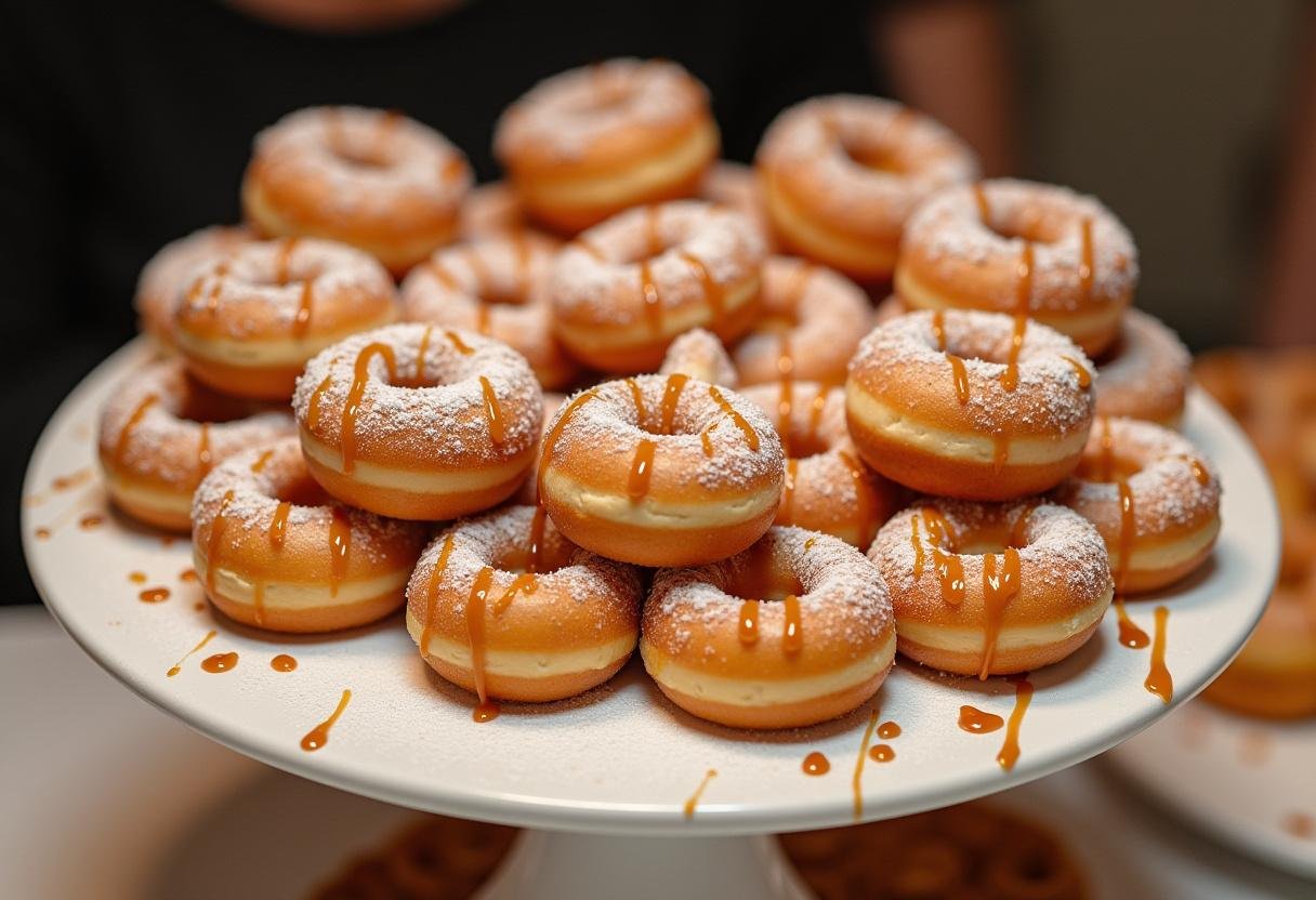 Finished Westworld Delos Delight Mini Donuts with powdered sugar and caramel drizzle.