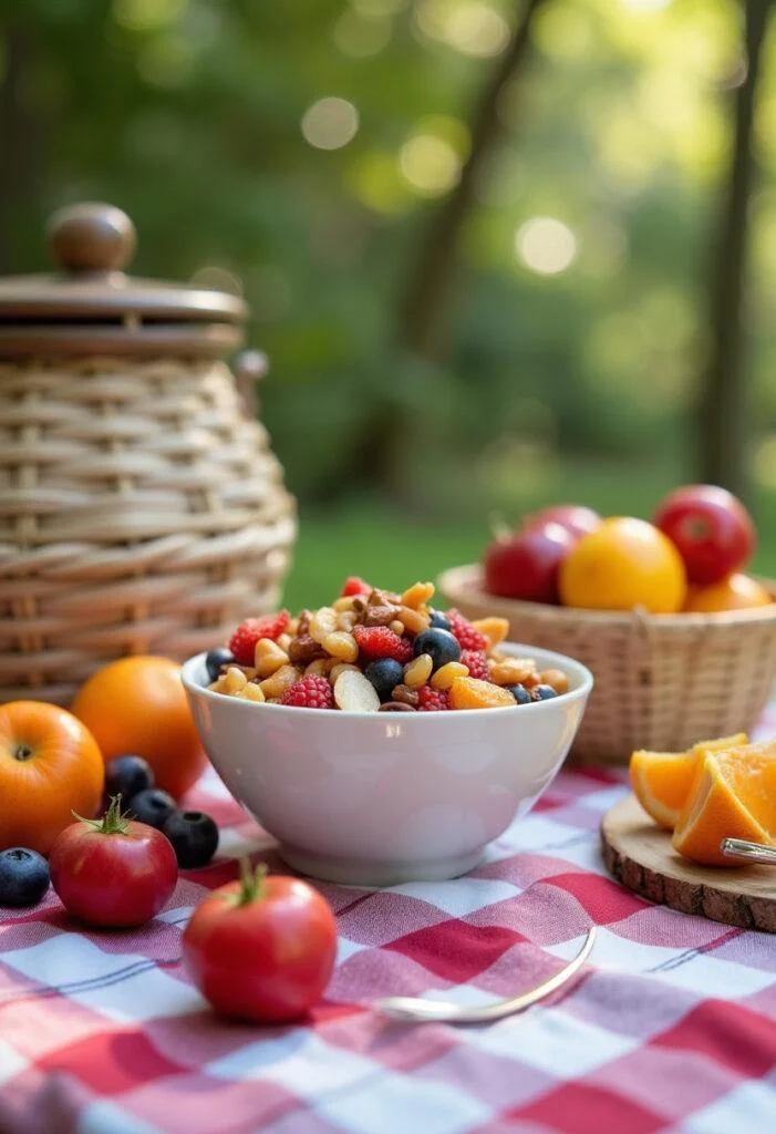Outdoor picnic with Multiverse Trail Mix displayed, perfect for healthy snacking.