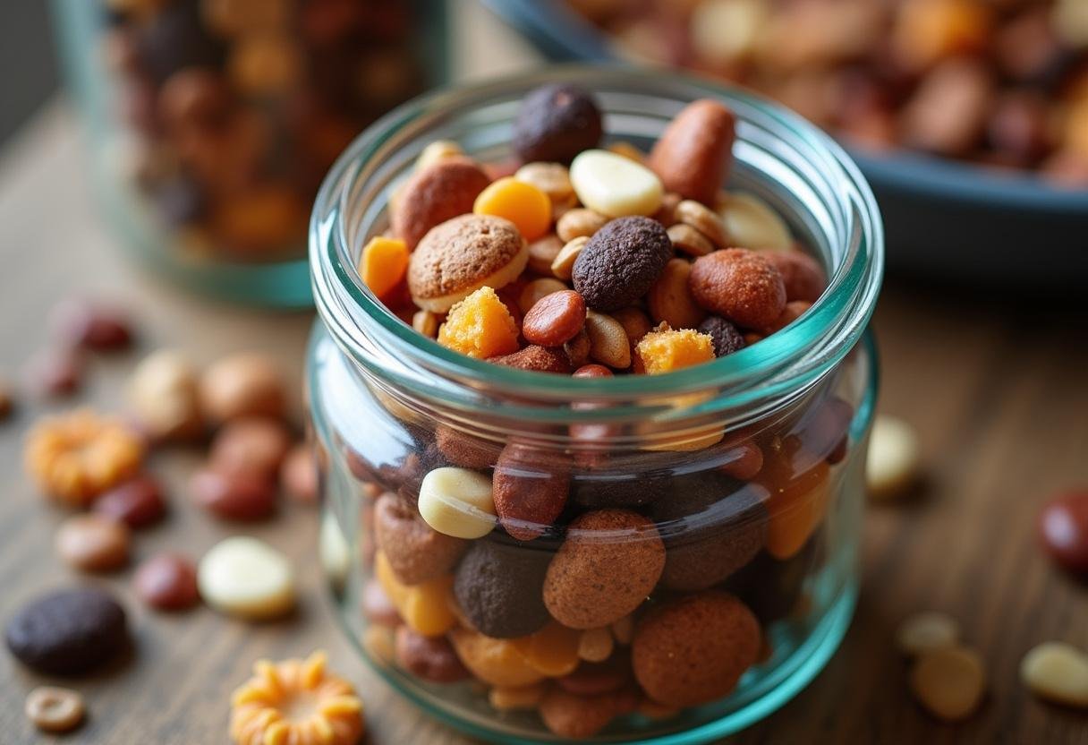 Filling a jar with homemade Multiverse Trail Mix ready for storage or serving.