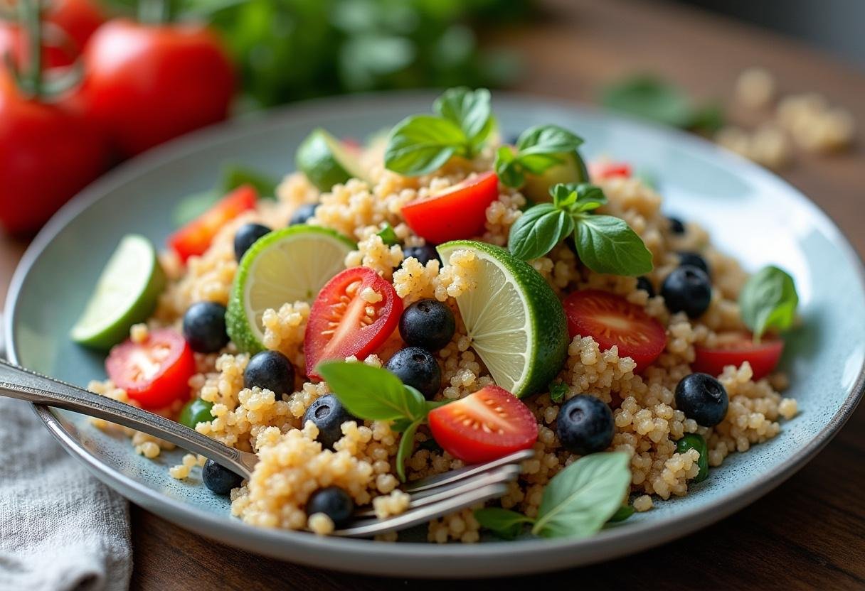 Finished Wonder Woman Mediterranean Quinoa Salad, fresh and ready to serve.
