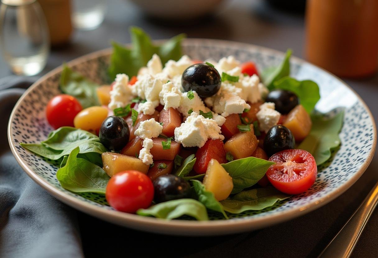 Beautifully presented Wonder Woman Mediterranean Salad, a healthy and colorful dish.