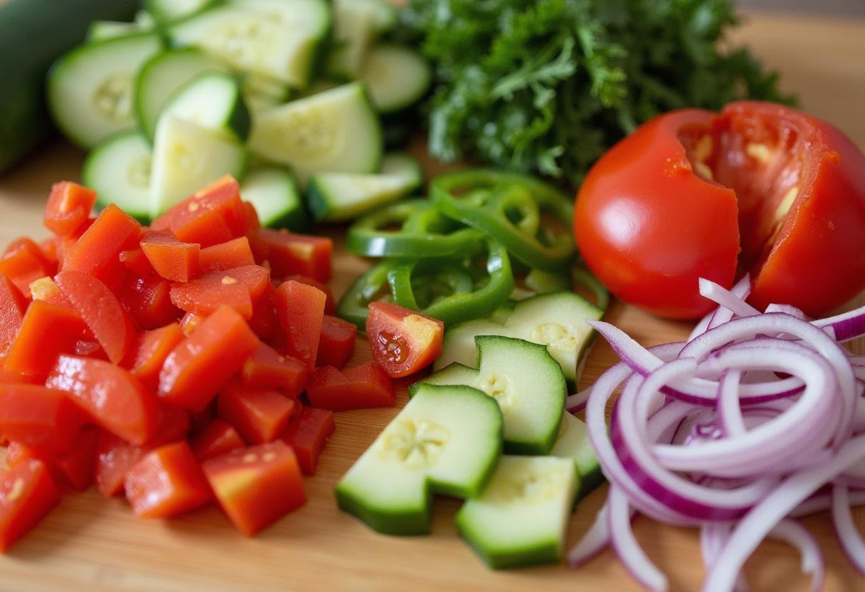 Fresh vegetables chopped for Wonder Woman Mediterranean Salad preparation.