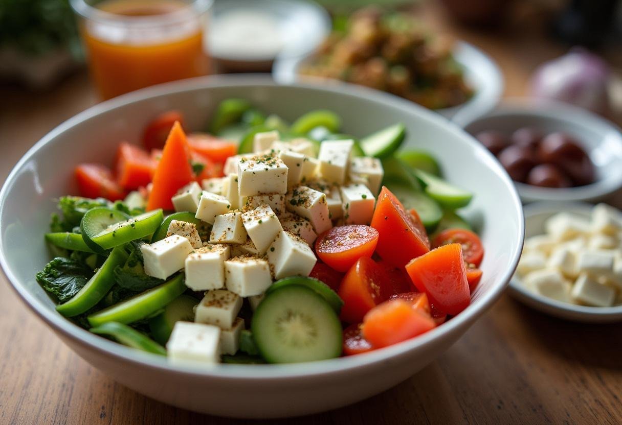 Chopped vegetables and feta ready for Wonder Woman Mediterranean Salad mix.