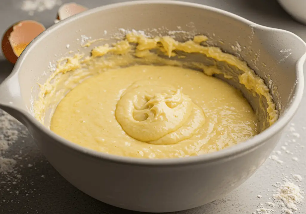 Vanilla cupcake batter being mixed for Avengers Infinity Gauntlet Cupcakes.