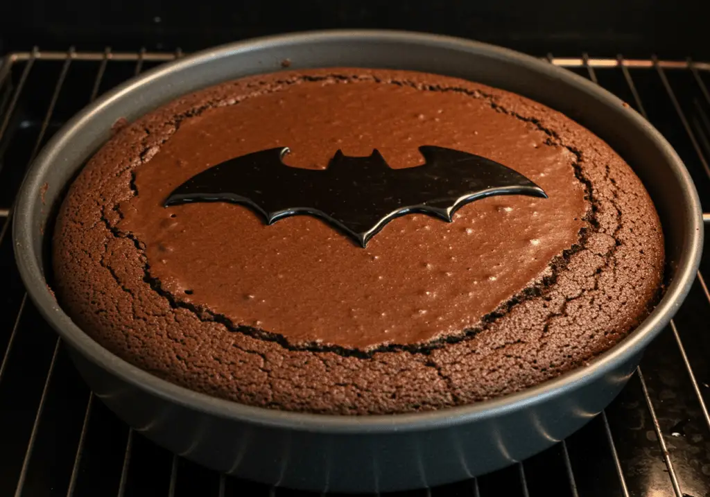 Batman Gotham Chocolate Cake baking in the oven.