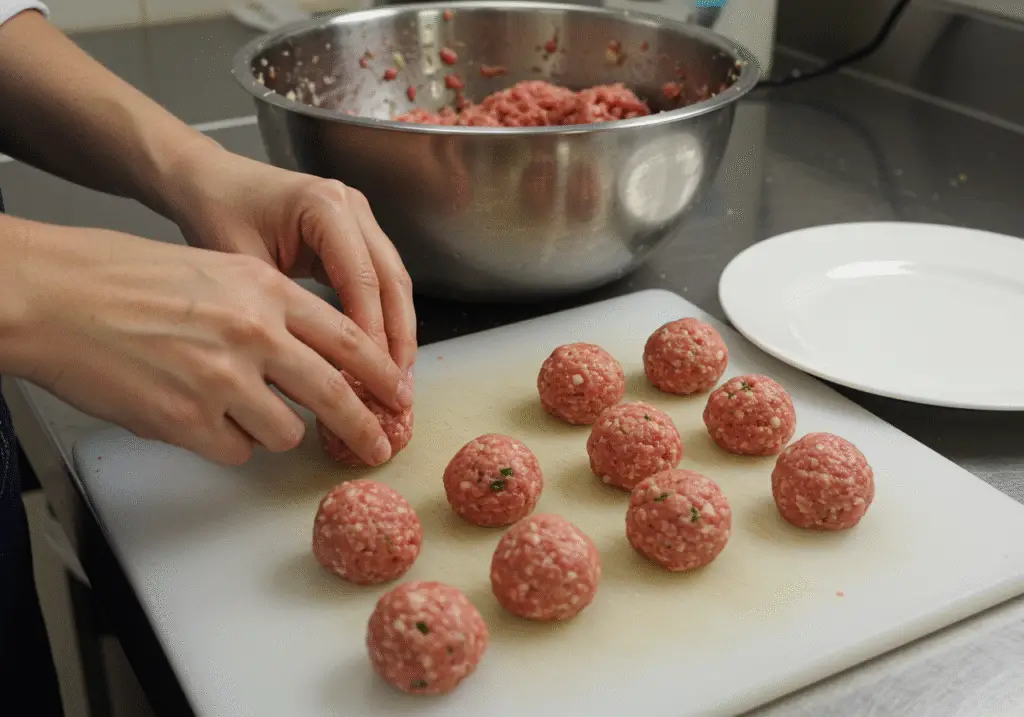 Shaping meatballs for spaghetti and meatballs on a cutting board.