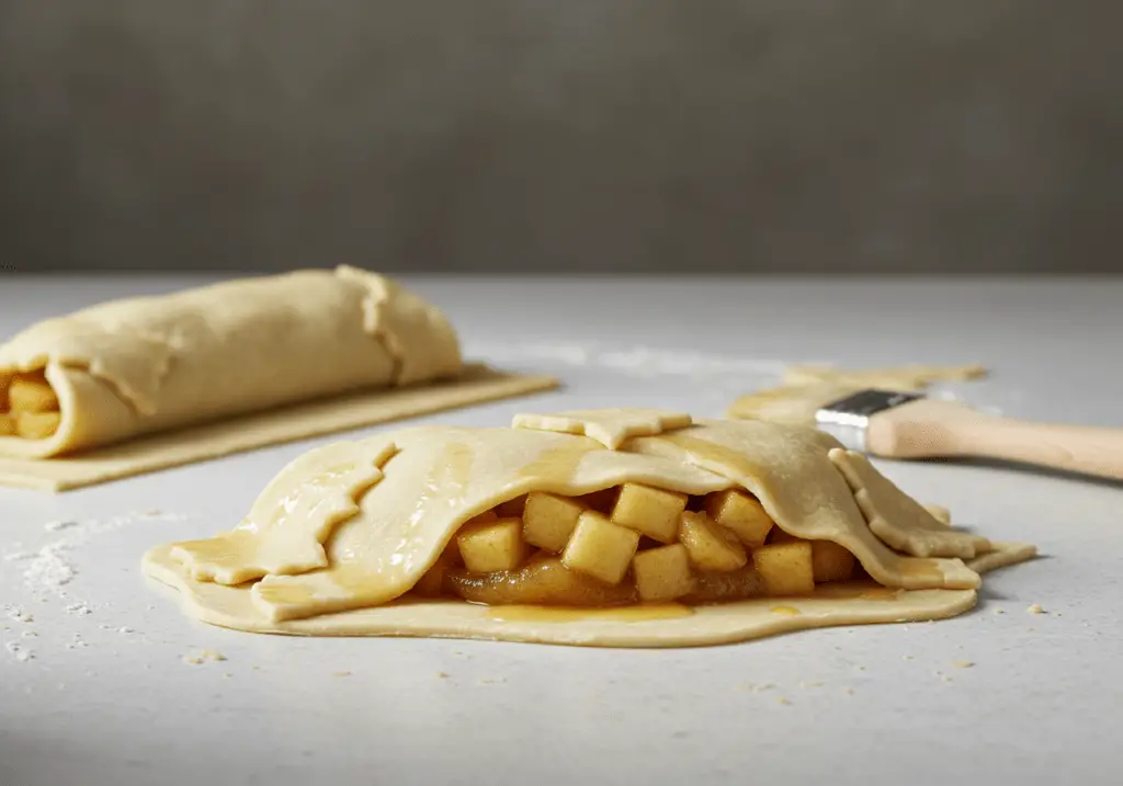 Apple turnover ready for baking, with crimped edges and an egg wash on top.