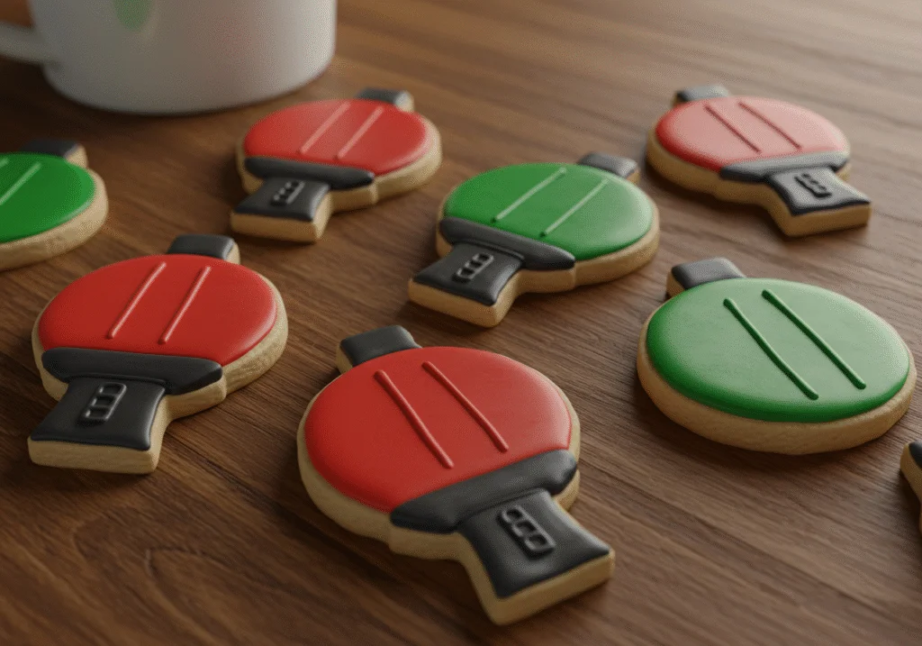 Squid Game Red Light, Green Light Doll's sugar cookies on a wooden table with the iconic doll from the show in the background, perfect for a themed TV show party.