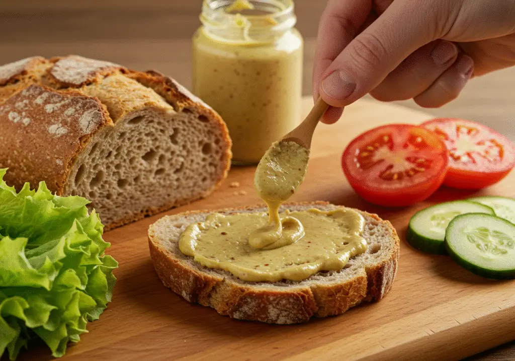 Mustard being spread on bread for a delicious Stranger Things ham sandwich recipe.