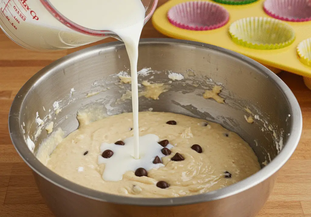 Milk being added to the Soft Kitty Cupcake batter, ready to create a delicious treat.