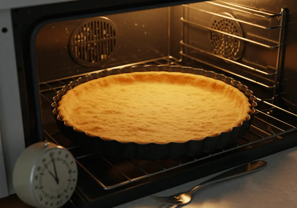 Blind-baking the crust for WandaVision Scarlet Witch’s Berry Tart until golden brown.