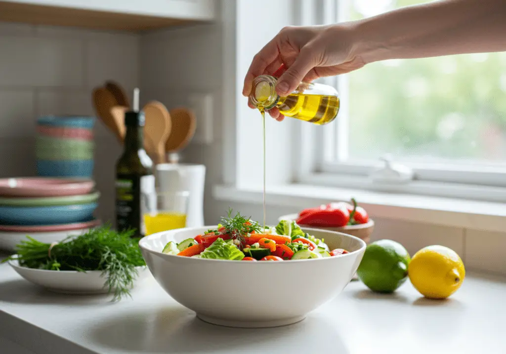 Olive oil and lemon dressing being added to mixed vegetables for Wonder Woman Mediterranean Salad.