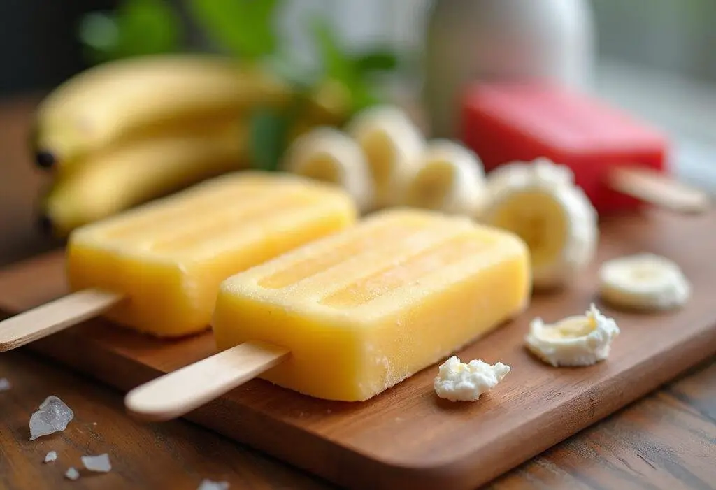 Final result of Arrested Development Frozen Bananas, colorful popsicles served on a wooden table, perfect for a refreshing treat.