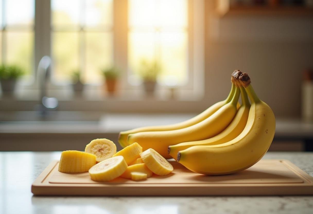 Sliced ripe bananas ready for Arrested Development Frozen Banana recipe with fresh ingredients in a sunny kitchen.