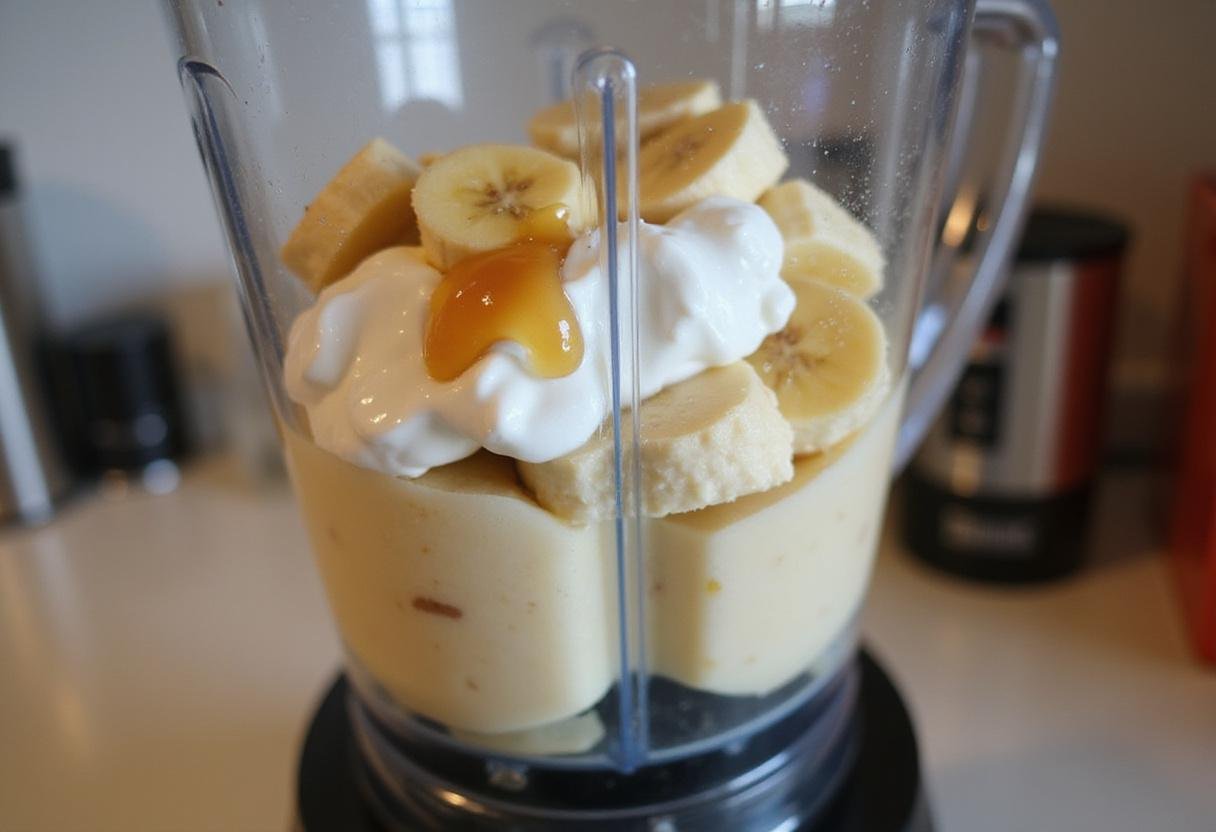 Creamy mixture of bananas and yogurt being blended for the Arrested Development Frozen Banana treat in a modern kitchen.