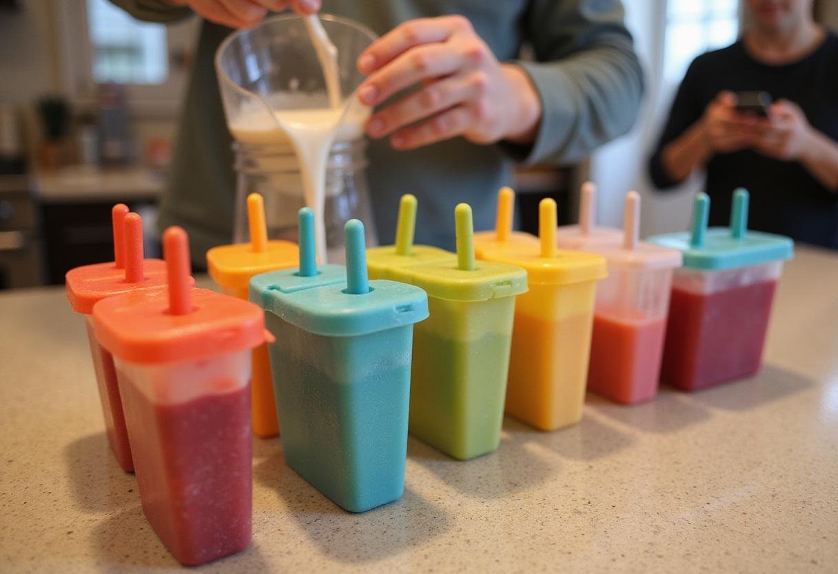Delicious banana yogurt mixture being poured into vibrant popsicle molds for Arrested Development Frozen Bananas.