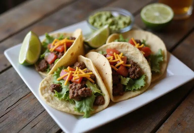 Final presentation of Better Call Saul Taco Plate with seasoned tacos and guacamole served on a rustic table.