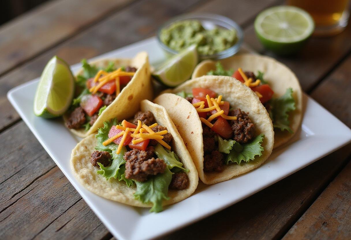 Final presentation of Better Call Saul Taco Plate with seasoned tacos and guacamole served on a rustic table.