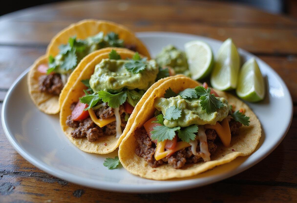 Final presentation of Better Call Saul Taco Plate with seasoned tacos and guacamole served on a rustic table.