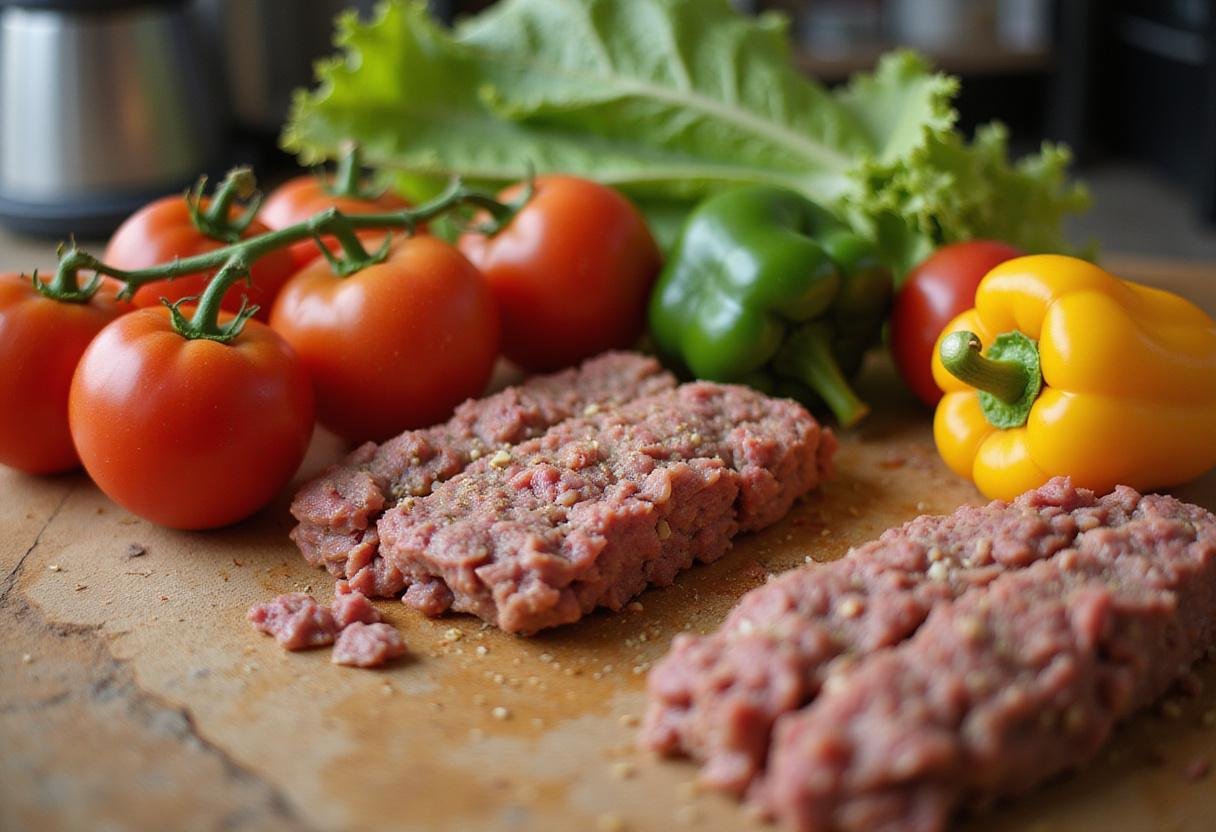 Ingredients for Better Call Saul Taco Plate including tomatoes, lettuce, and seasoned beef on a wooden countertop.