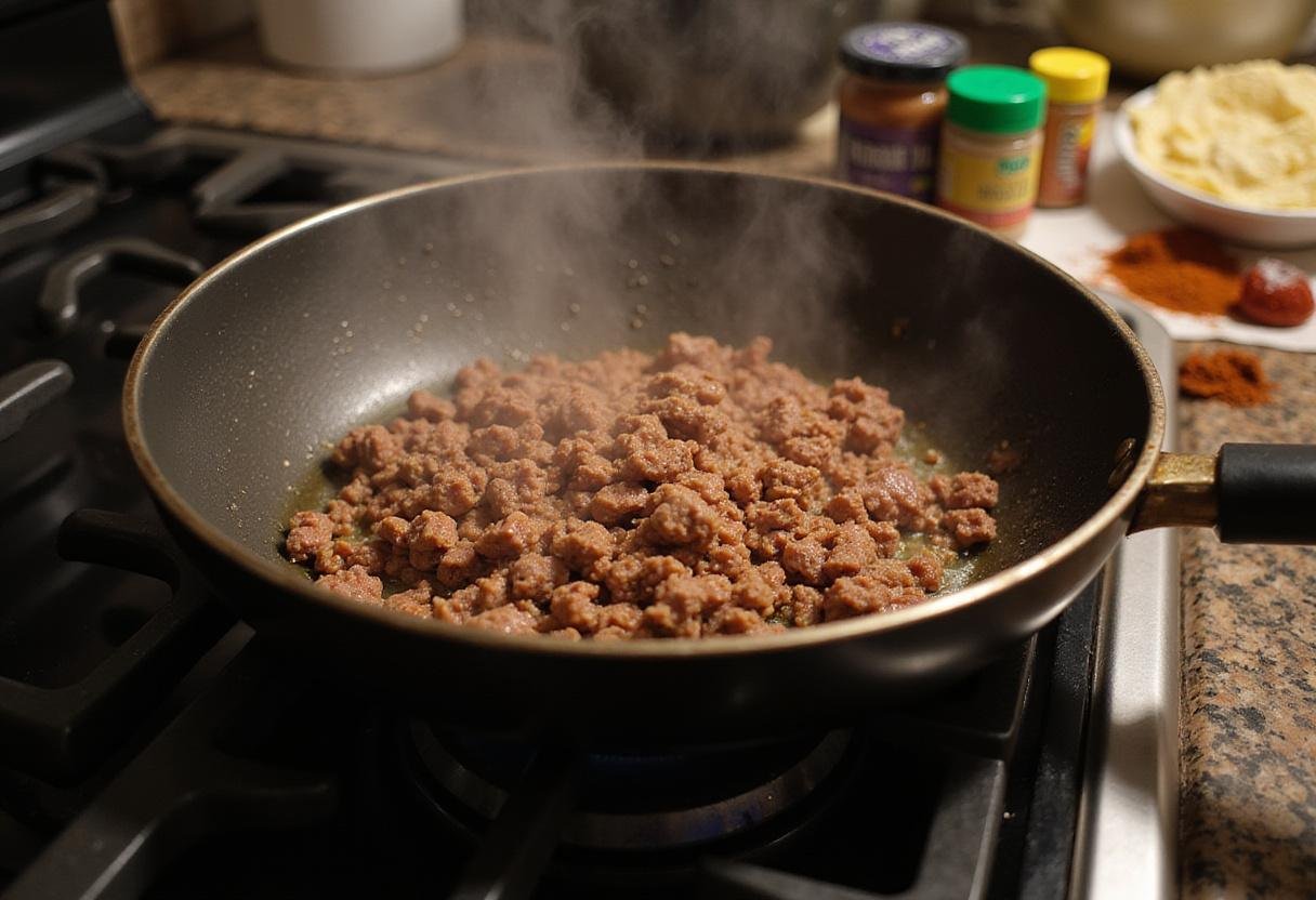 Ground beef cooking in a skillet for Better Call Saul Taco Plate, surrounded by spices and seasonings.