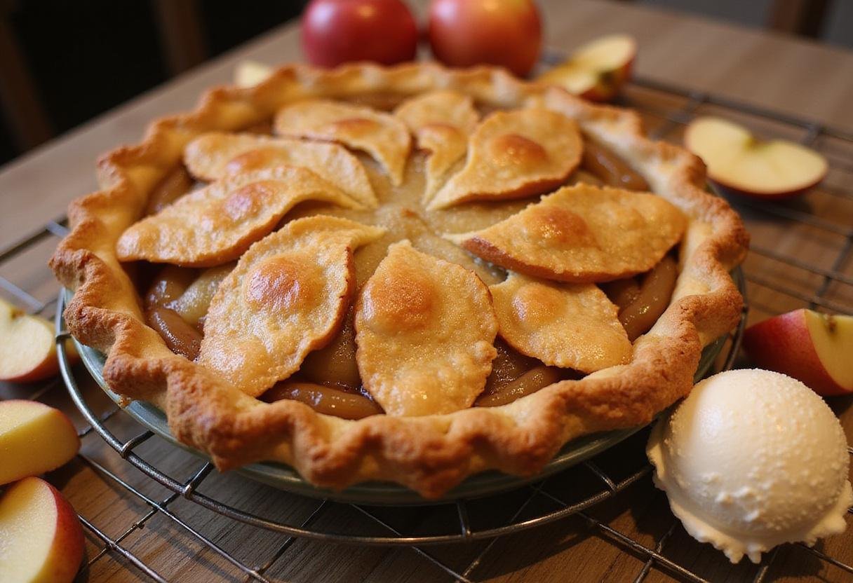 Deliciously baked Breaking Bad Apple Pie served with vanilla ice cream, an enticing dessert perfect for any occasion.