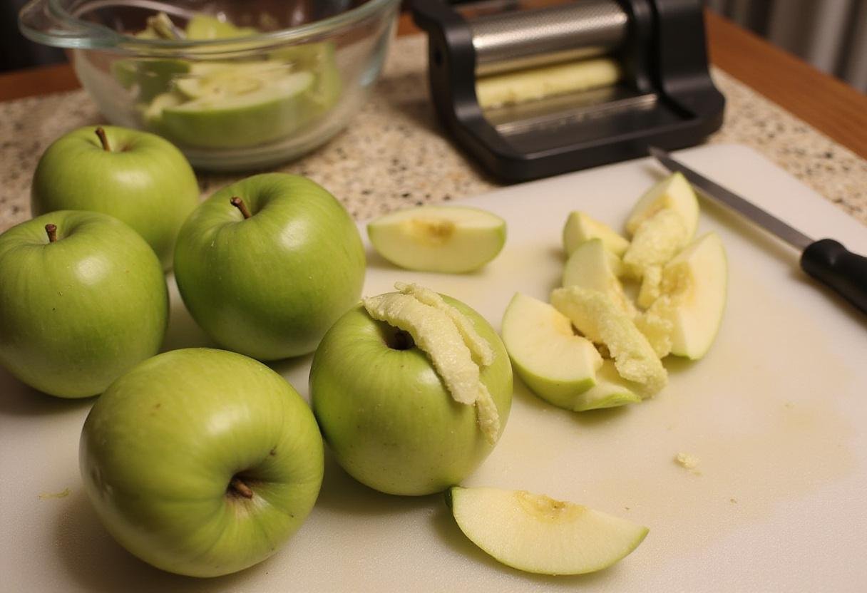 Granny Smith apples being prepared for Breaking Bad Apple Pie, showcasing fresh ingredients for a delicious dessert.
