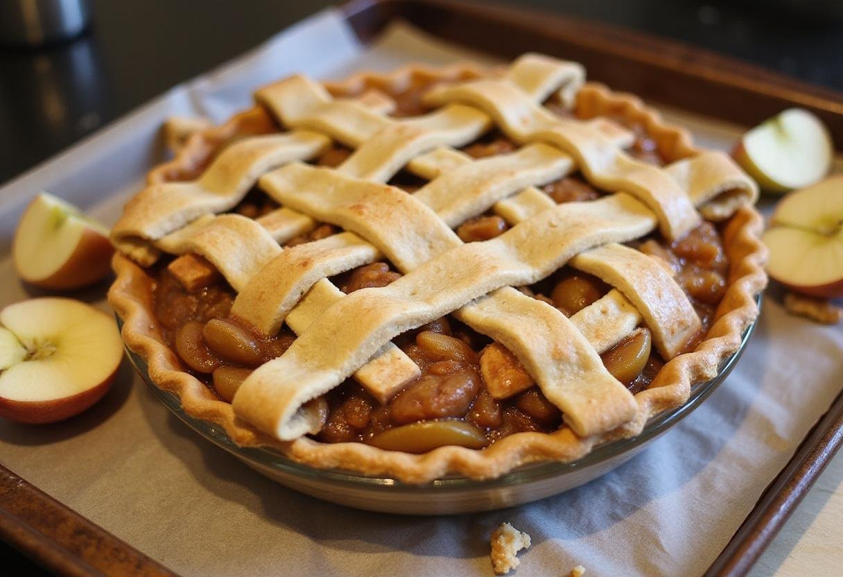 Lattice topped pie preparation for Breaking Bad Apple Pie, showcasing the final assembly before baking.
