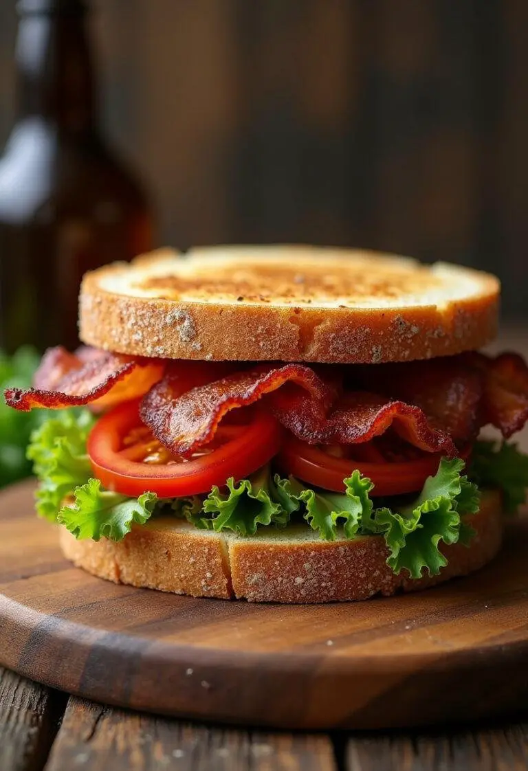 Assembled Breaking Bad BLT sandwich on a wooden table, showcasing the delicious layers.