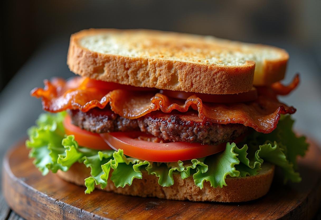 Assembled Breaking Bad BLT sandwich on a wooden table, showcasing the delicious layers.