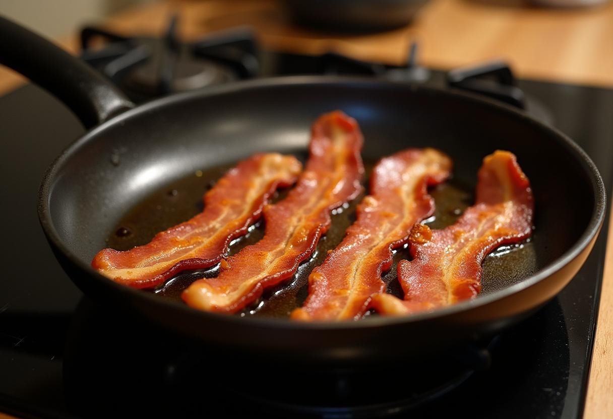 Crispy bacon cooking in a frying pan for a Breaking Bad BLT sandwich.