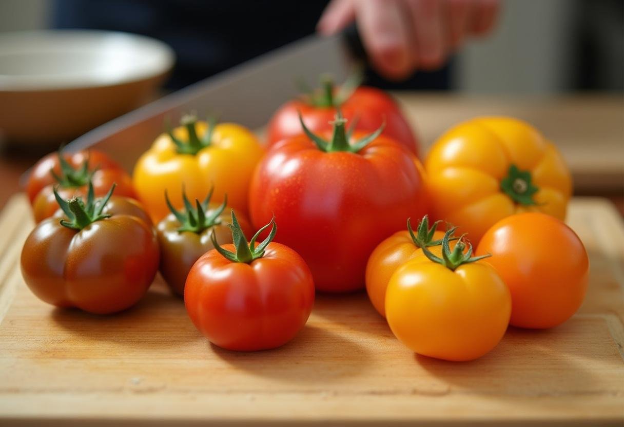 Slicing heirloom tomatoes for a refreshing Breaking Bad BLT sandwich.