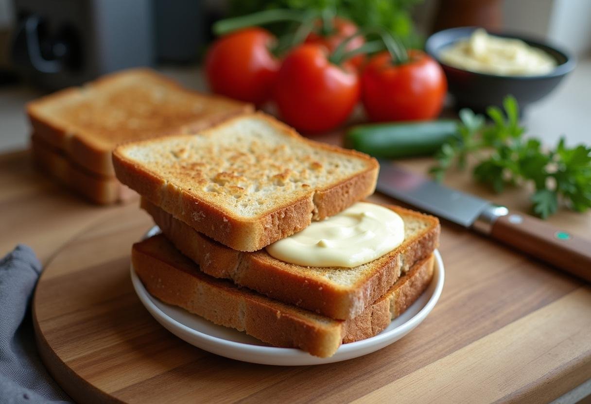 Toasted bread with mayonnaise spread on it, ready for a Breaking Bad BLT sandwich assembly.