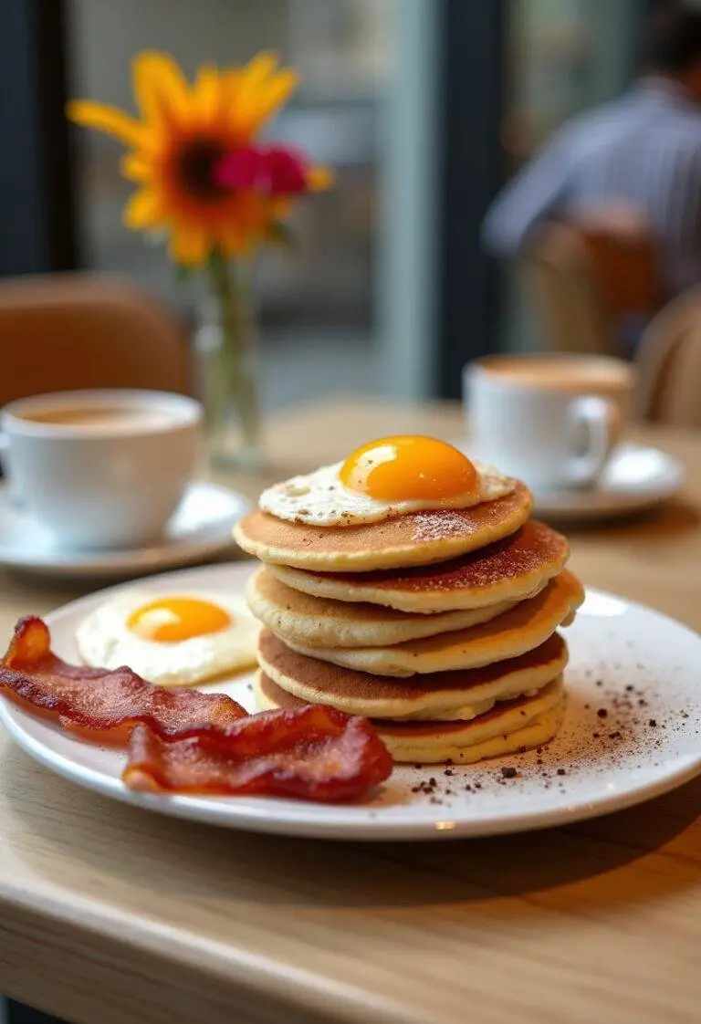 Complete breakfast spread of Breaking Bad Bacon Eggs and Pancakes served fresh and ready to eat.