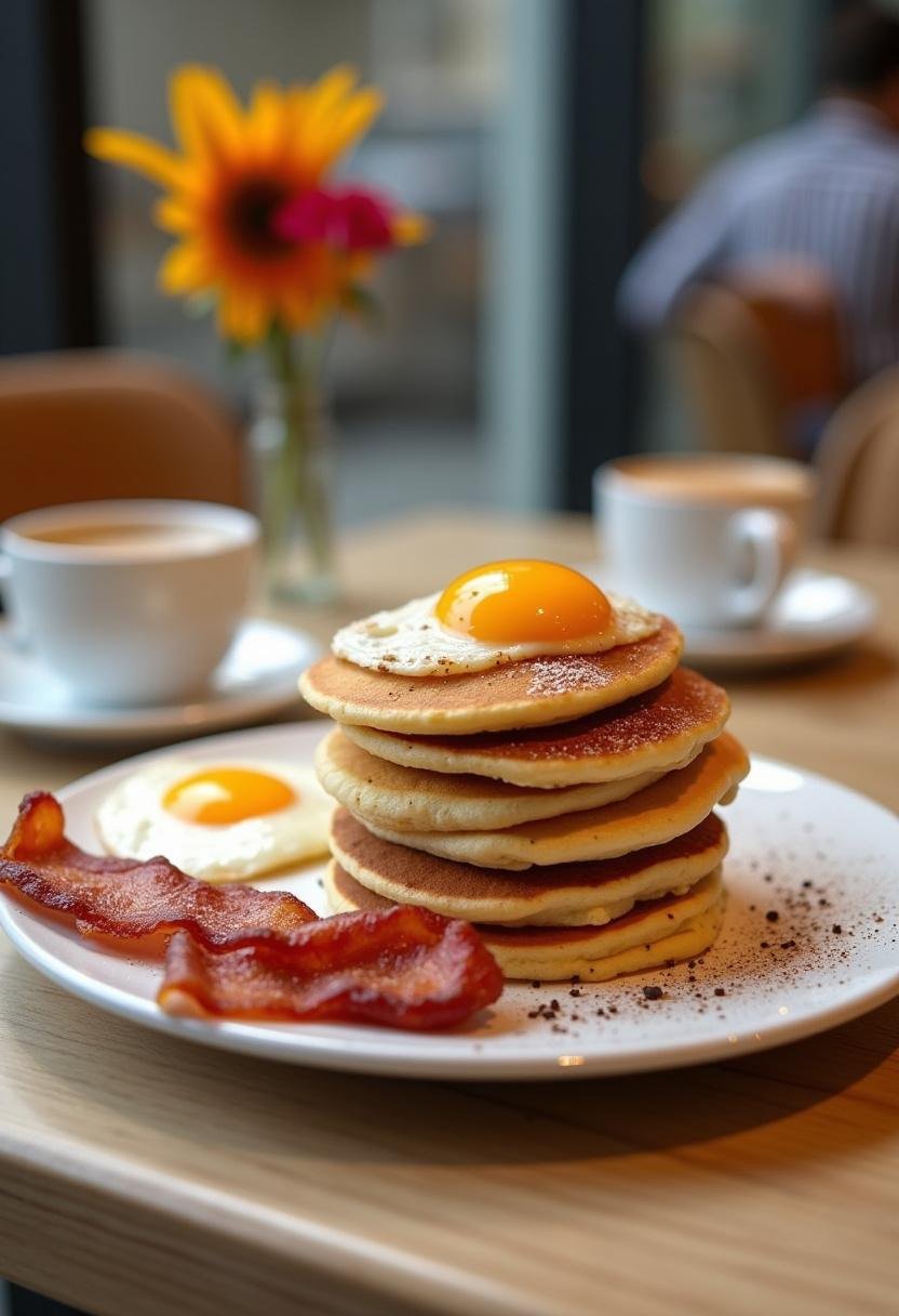 Complete breakfast spread of Breaking Bad Bacon Eggs and Pancakes served fresh and ready to eat.