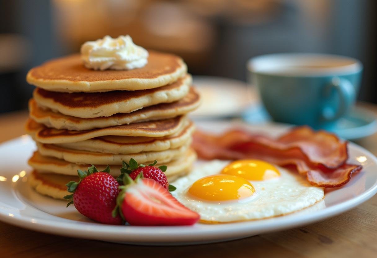 Complete breakfast spread of Breaking Bad Bacon Eggs and Pancakes served fresh and ready to eat.