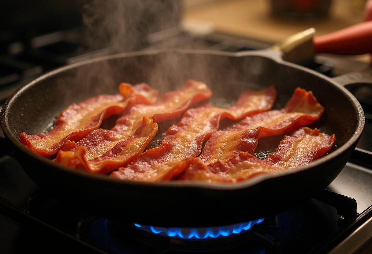 Crispy bacon cooking in a skillet for Breaking Bad Bacon Eggs and Pancakes.