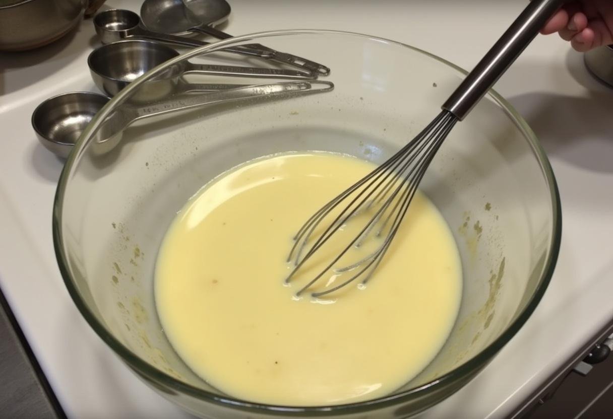 Pancake batter being mixed for Breaking Bad Bacon Eggs and Pancakes recipe.