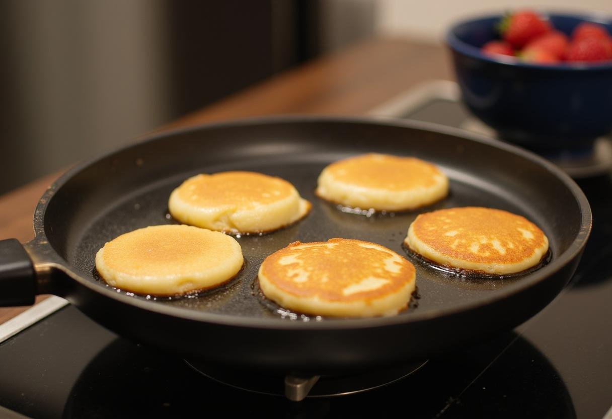 Pancakes cooking to perfection on a griddle for Breaking Bad Bacon Eggs and Pancakes.