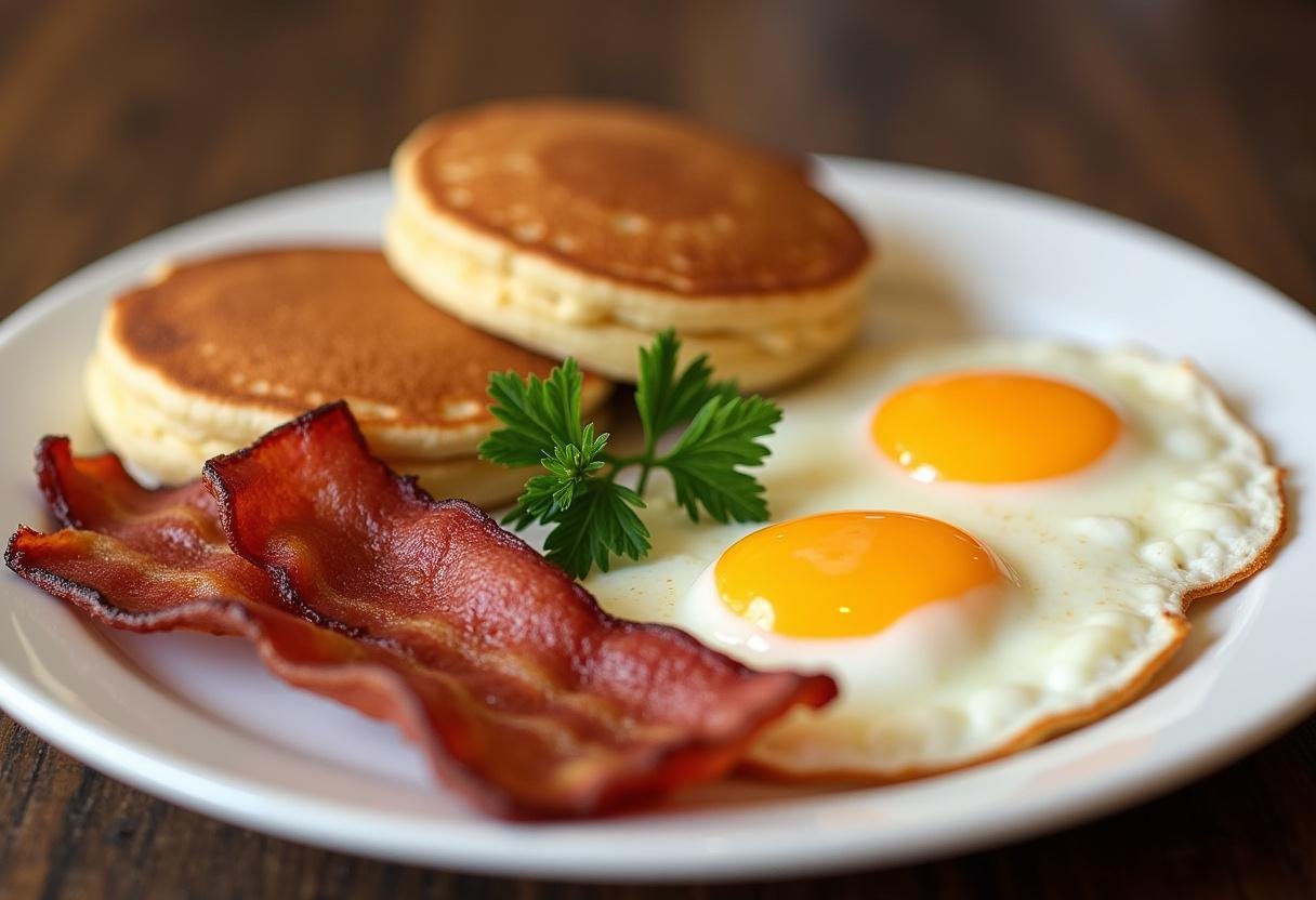 Plated breakfast of bacon, pancakes, and eggs for Breaking Bad Bacon Eggs and Pancakes.
