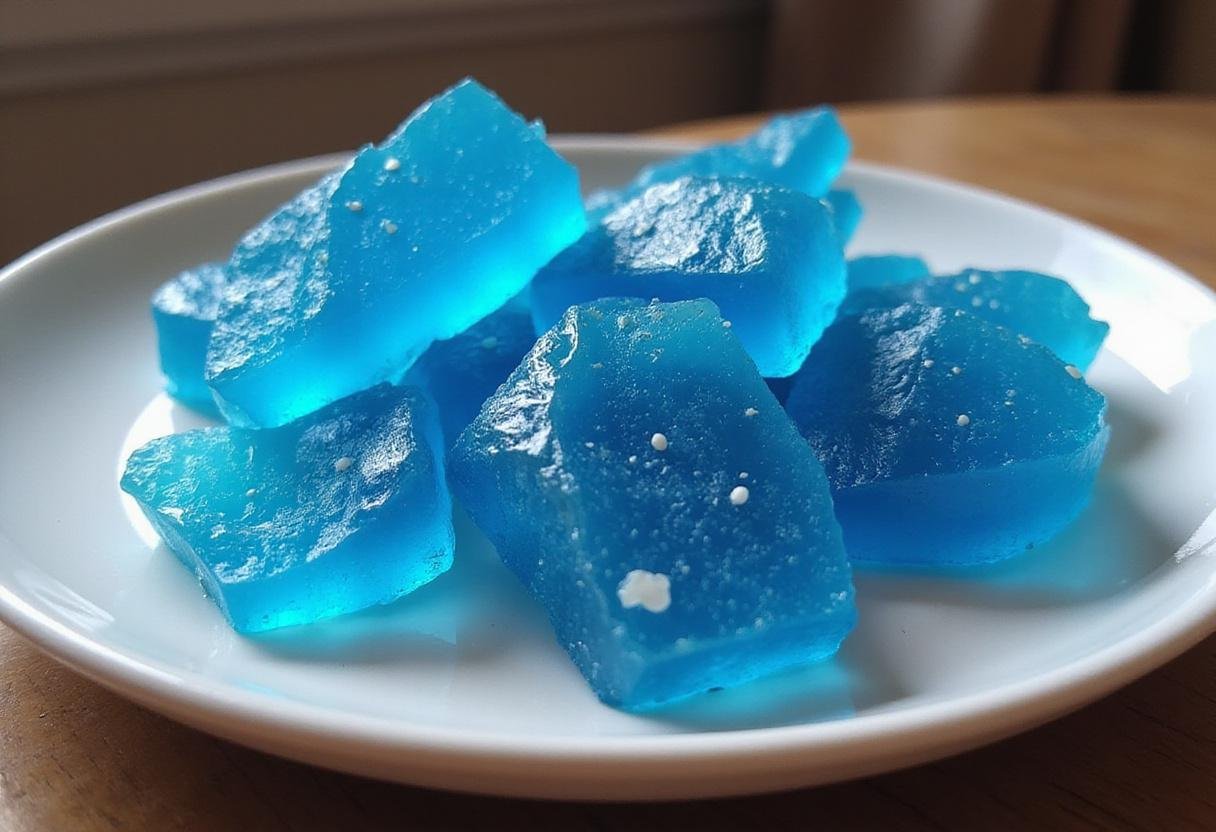 Finished Breaking Bad Blue Rock Candy on a decorative plate, highlighting vibrant blue crystals and a themed setting.