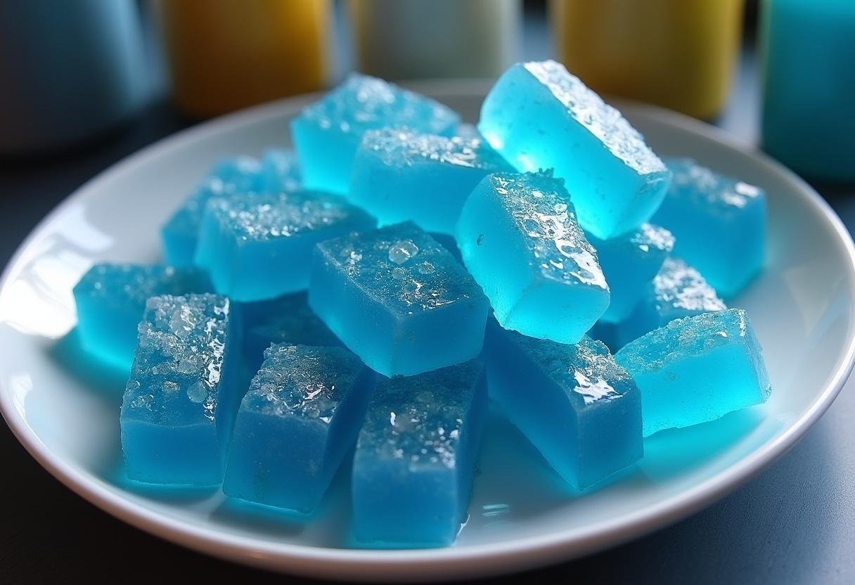 Finished Breaking Bad Blue Rock Candy on a decorative plate, highlighting vibrant blue crystals and a themed setting.