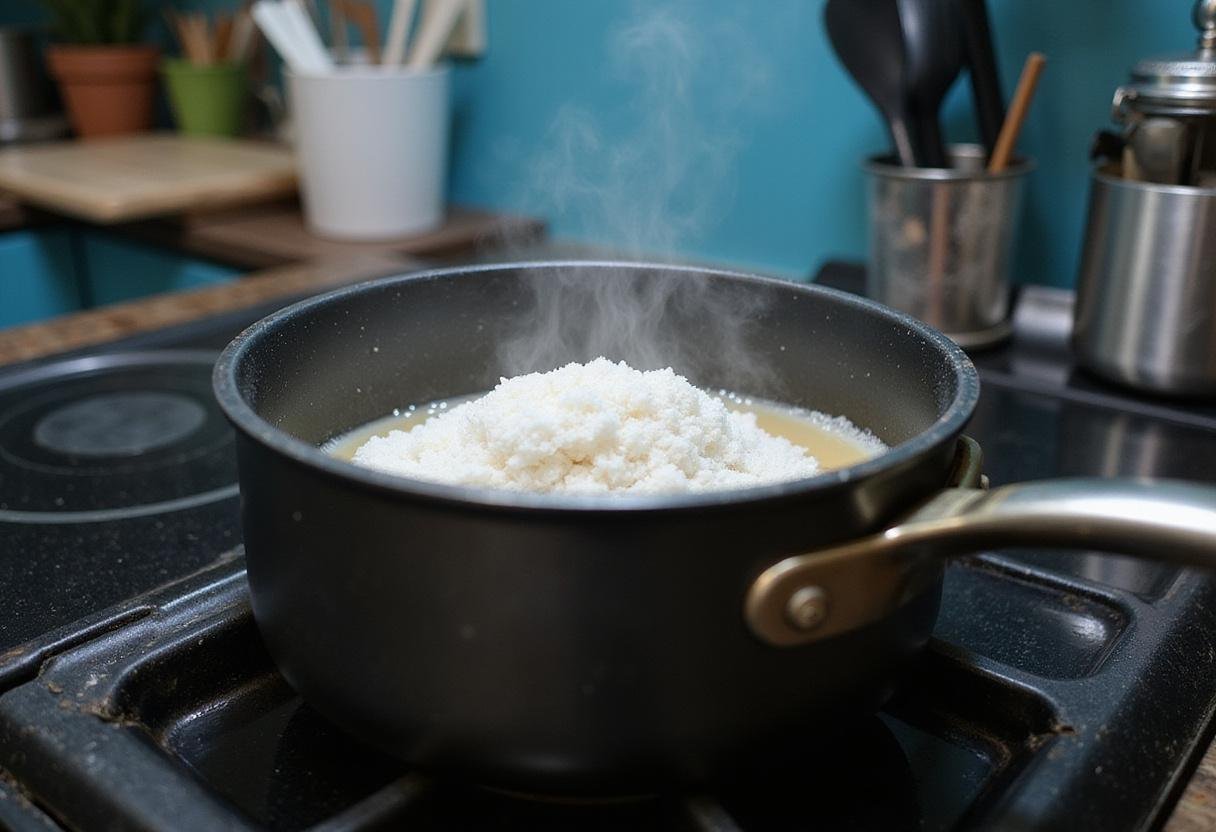 Simmering sugar and water mix for Breaking Bad Blue Rock Candy preparation, featuring a cozy kitchen ambiance.