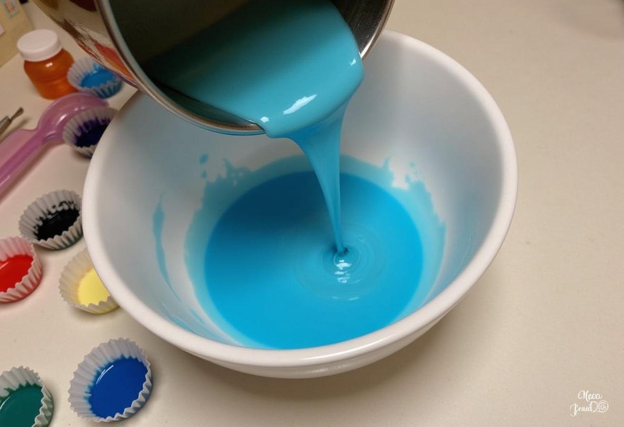 Pouring blue-tinted syrup into a bowl for Breaking Bad Blue Rock Candy, showcasing vibrant colors and baking paraphernalia.