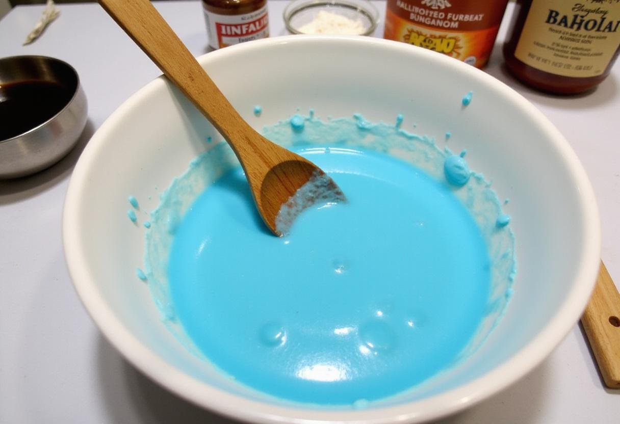 Mixing blue rock candy syrup in preparation for Breaking Bad themed candy, highlighting a bright kitchen environment.