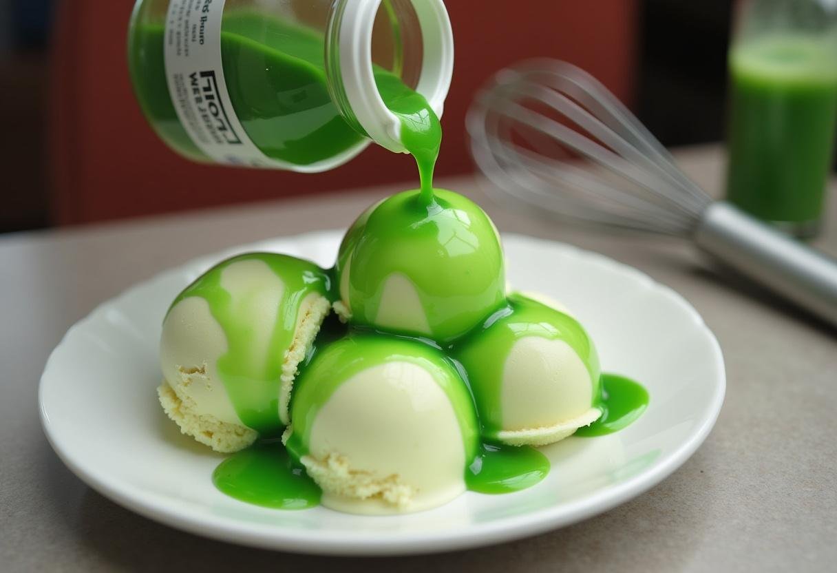 Green syrup being poured over ice cream for Breaking Bad Ice Cream Bowl presentation.