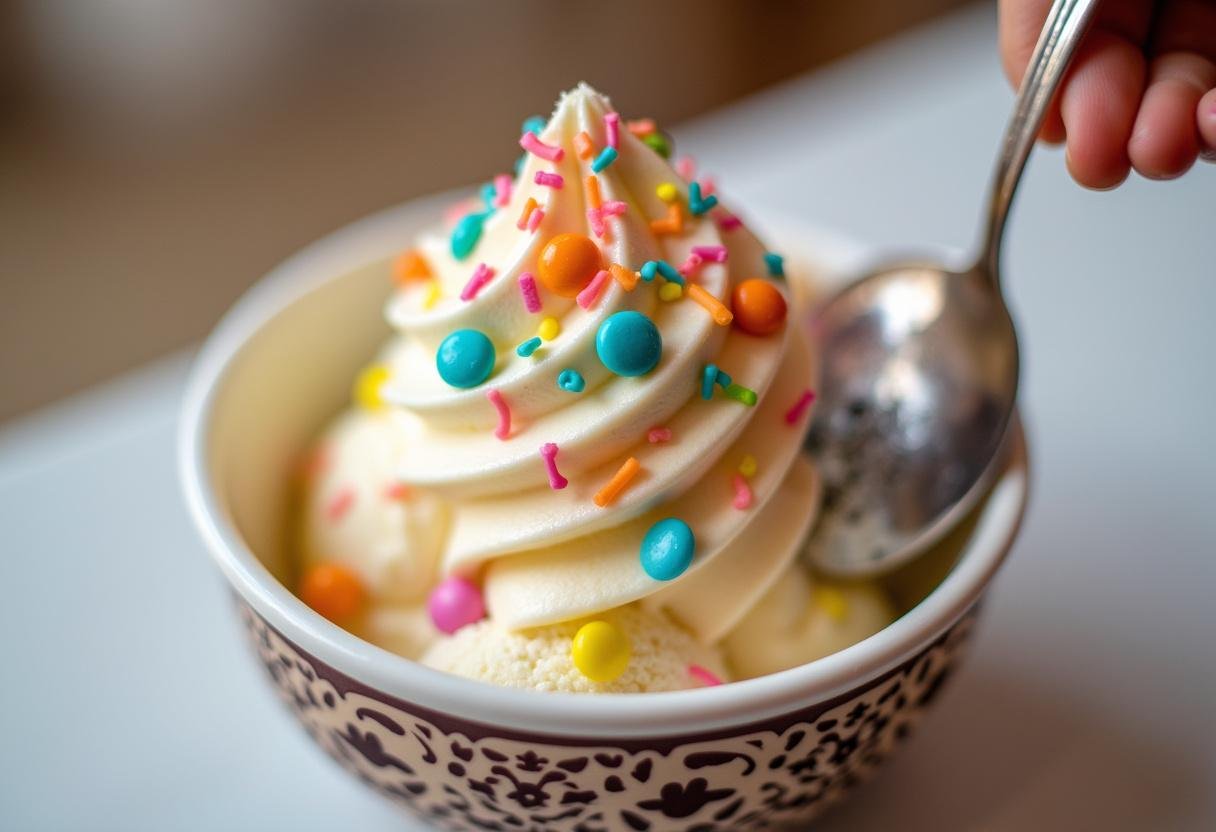 Colorful candy pieces being sprinkled on ice cream for Breaking Bad themed dessert.